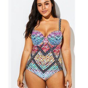 NWT Meet Curve Technicolor Cut Out Underwire One Piece Swimsuit 2XL